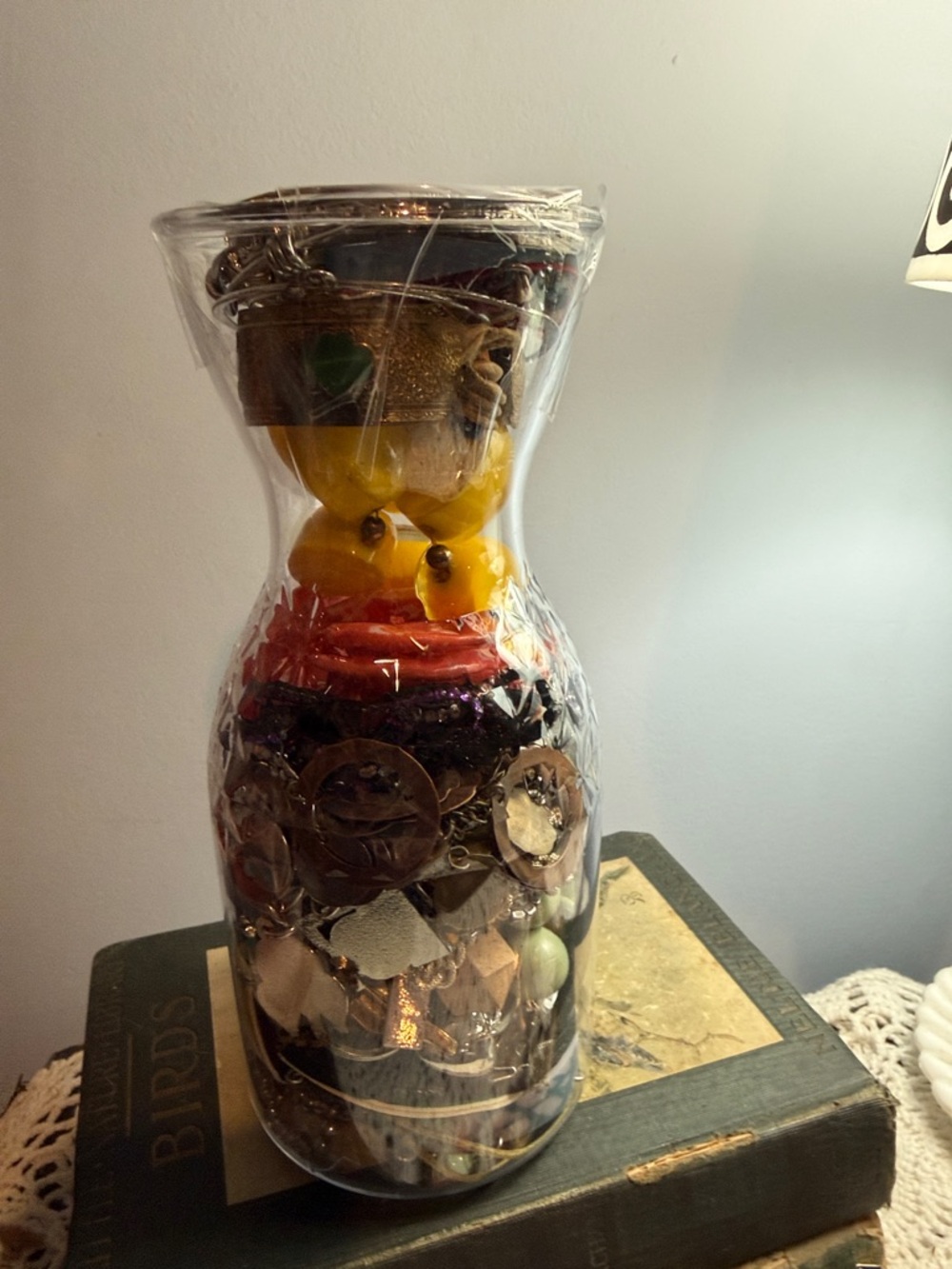 Decorative Glass Jar Filled with Colorful Jewelry & Beads